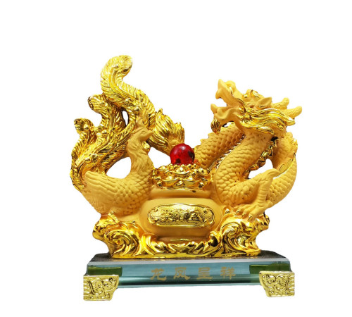 Статуетка Золотий Дракон і Фенікс Інь і Ян із горщиком золота для Багатства, Любові з мантрами Желаний