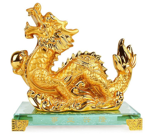 Статуетка Золотий Сакральний Фантастичний Дракон для Багатства та процвітання на 9 період удачі 18*16 см