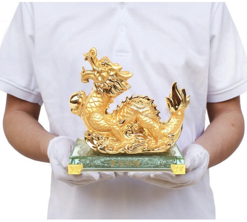 Статуетка Золотий Сакральний Фантастичний Дракон для Багатства та процвітання на 9 період удачі 18*16 см