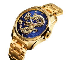 Золотий годинник із Драконом зі світними стрілками та фіанітами із синім циферблатом для Великої удачі 9 період