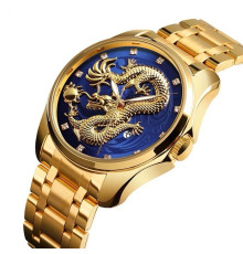 Золотий годинник із Драконом зі світними стрілками та фіанітами із синім циферблатом для Великої удачі 9 період