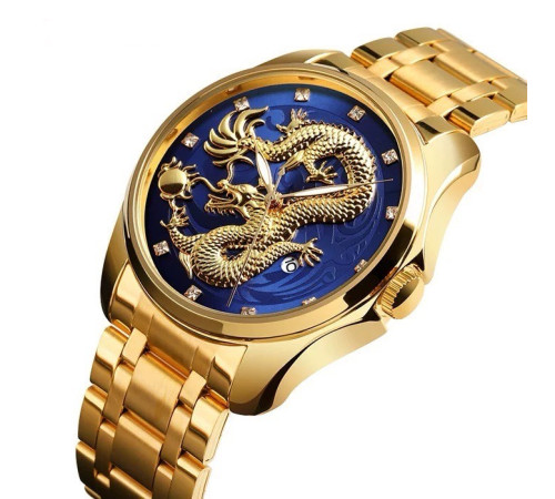 Золотий годинник із Драконом зі світними стрілками та фіанітами із синім циферблатом для Великої удачі 9 період