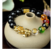 Браслет Золотий Пі Яо з Чорного Агата Онікса з намистиною Дзі 5 різновидів Багатства з мантрами для бажань 9 період