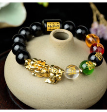 Браслет Золотий Пі Яо з Чорного Агата Онікса з намистиною Дзі 5 різновидів Багатства з мантрами для бажань 9 період