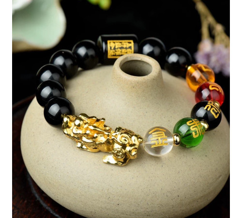 Браслет Золотий Пі Яо з Чорного Агата Онікса з намистиною Дзі 5 різновидів Багатства з мантрами для бажань 9 період