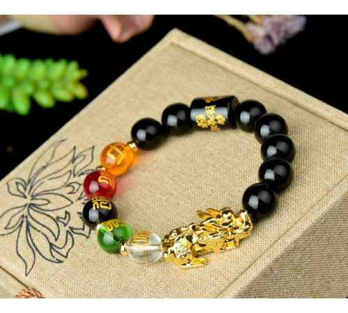 Браслет Золотий Пі Яо з Чорного Агата Онікса з намистиною Дзі 5 різновидів Багатства з мантрами для бажань 9 період