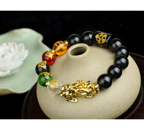 Браслет Золотий Пі Яо з Чорного Агата Онікса з намистиною Дзі 5 різновидів Багатства з мантрами для бажань 9 період