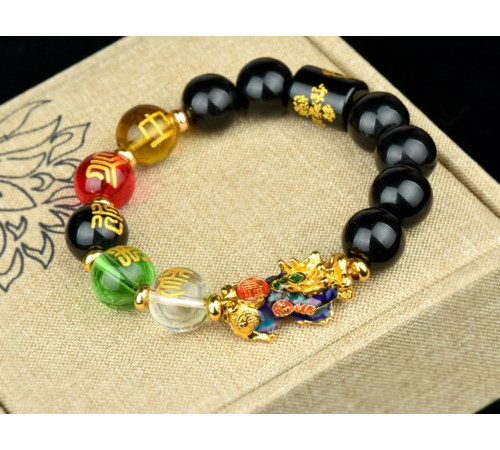 Браслет Пі Яо Удачі з Чорного Агата Онікса з намистиною Дзі 5 різновидів Багатства з мантрами для бажань 9 період