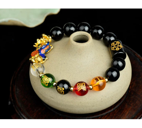 Браслет Пі Яо Удачі з Чорного Агата Онікса з намистиною Дзі 5 різновидів Багатства з мантрами для бажань 9 період