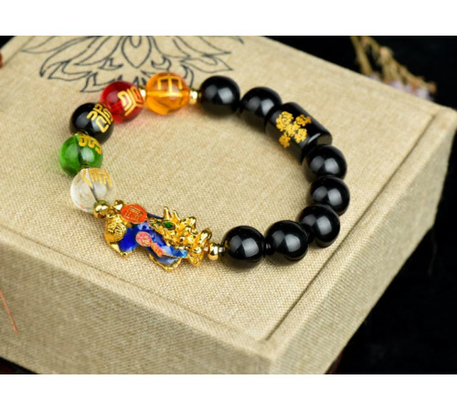 Браслет Пі Яо Удачі з Чорного Агата Онікса з намистиною Дзі 5 різновидів Багатства з мантрами для бажань 9 період