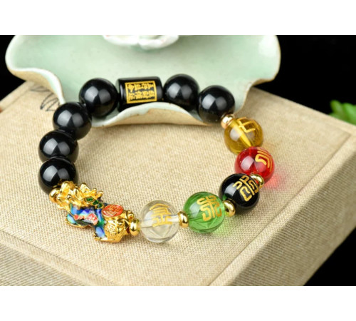 Браслет Пі Яо Удачі з Чорного Агата Онікса з намистиною Дзі 5 різновидів Багатства з мантрами для бажань 9 період