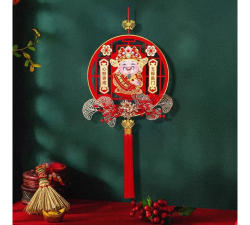 Прикраса Підвіска на стіну Бог Багатства в червоному кольорі на батарейках на Багатство та Процвітання 83*40см