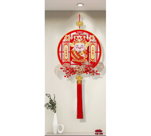Прикраса Підвіска на стіну Бог Багатства в червоному кольорі на батарейках на Багатство та Процвітання 83*40см