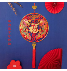 Прикраса Підвіска на стіну Два Дракони з символом Фук у червоному кольорі на батарейках на Багатство, Процвітання