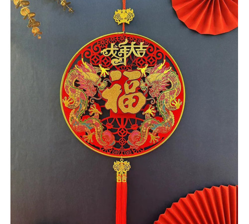 Прикраса Підвіска на стіну Два Дракони з символом Фук у червоному кольорі на батарейках на Багатство, Процвітання