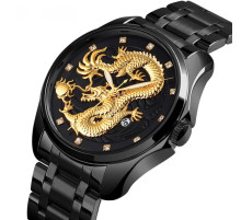 Титановий Чорний годинник із Золотим Драконом зі світними стрілками та фіанітами з чорним циферблатом для удачі