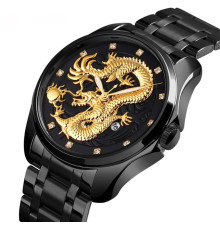 Титановий Чорний годинник із Золотим Драконом зі світними стрілками та фіанітами з чорним циферблатом для удачі