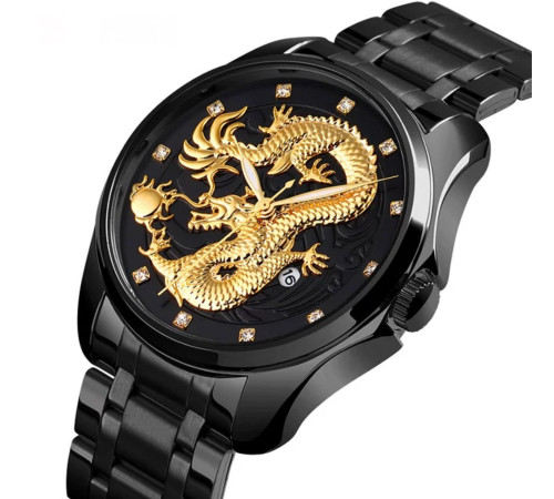 Титановий Чорний годинник із Золотим Драконом зі світними стрілками та фіанітами з чорним циферблатом для удачі