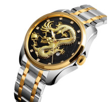 Срібний годинник із Золотим Драконом зі світними стрілками та фіанітами з чорним циферблатом для Багатства