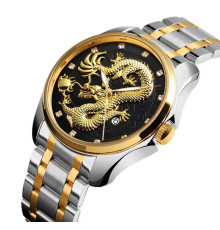 Срібний годинник із Золотим Драконом зі світними стрілками та фіанітами з чорним циферблатом для Багатства