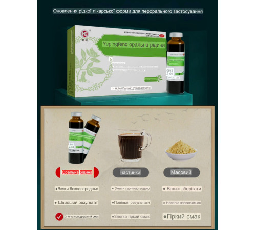 Юй Пін Фен (Yu Ping Feng) зміцнює імунітет, від застуд, алергічних ринітів, грип, віруси 10*10 мл