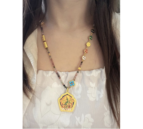 Тибетська Сакральна Турмалінова Підвіска Зелена Тара 5 Різновидів Багатства, Процвітання і Здоров'я на 9 період