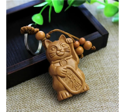 Брелок Щасливий Кіт Багатства Манекі Неко з дерева з китайським талісманом багатства та великої удачі Тибету