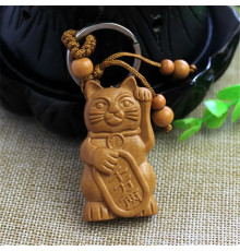 Брелок Щасливий Кіт Багатства Манекі Неко з дерева з китайським талісманом багатства та великої удачі Тибету