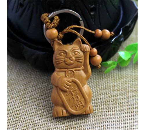Брелок Щасливий Кіт Багатства Манекі Неко з дерева з китайським талісманом багатства та великої удачі Тибету