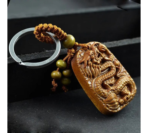 Брелок Дракон Дерев'яний для достатку, удачі, захисту та здоров'я із сакральною мантрою та символом Успіху