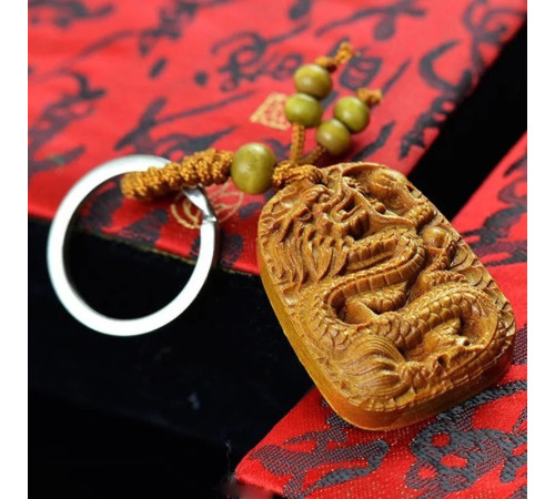 Брелок Дракон Дерев'яний для достатку, удачі, захисту та здоров'я із сакральною мантрою та символом Успіху
