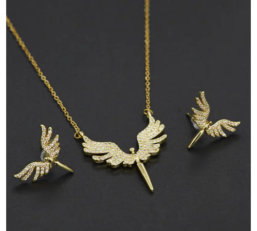 Золотий комплект Підвіска та Сережки Крила Ангелія Малайзія для захисту та здійснення ваших бажань