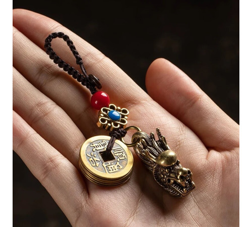 Тибетський Брелок Сакральний Голова Дракона мідний з монетами для Більших Дедерег, удачі, Здоров'я, Захисти