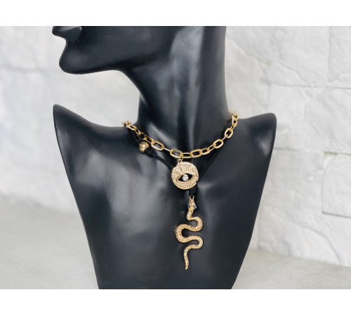 Золота сакральна підвіска Змія з блакитним топазом і амулетом від вічка для Здоров'я, Багатства, удачі Счастья