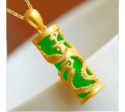 Золота підвіска Фенікс із зеленим нефритом символ успіху, щастя, слави, популярності, мудрості