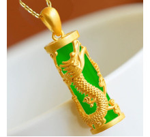 Золота підвіска Сакральний Дракон із Зеленим нефритом для достатку, удачі, щастя, багатство та здоров'я