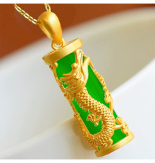Золота підвіска Сакральний Дракон із Зеленим нефритом для достатку, удачі, щастя, багатство та здоров'я