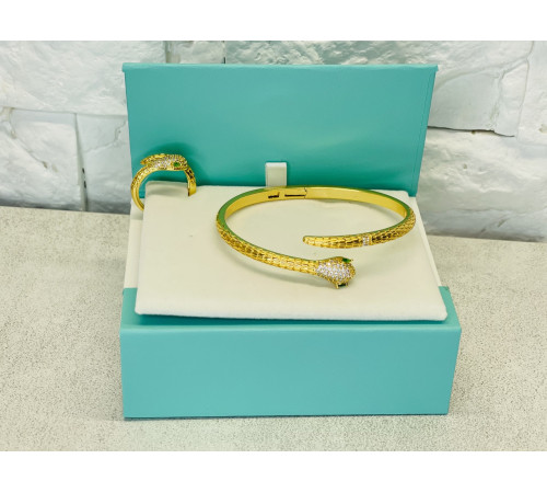 Золотий Набір Змія Браслет і Каблучка зі смарагдом і фіанітами для удачі, Захисти, Здоров'я й здійснення Желаний