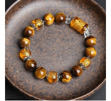 Тибетський Браслет із намистиною Дзі Бог Багатства на тигру з Тигрового очей, Цитрина та Раухтопаз для Багатства