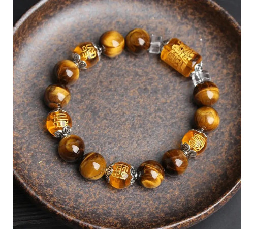Тибетський Браслет із намистиною Дзі Бог Багатства на тигру з Тигрового очей, Цитрина та Раухтопаз для Багатства