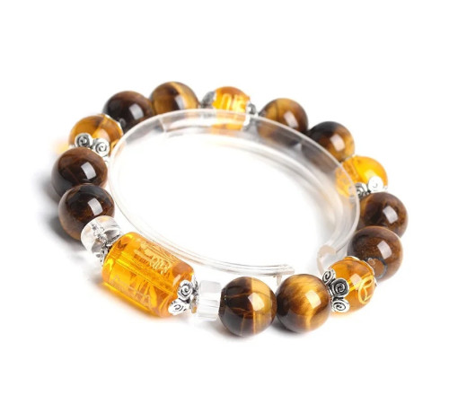 Тибетський Браслет із намистиною Дзі Бог Багатства на тигру з Тигрового очей, Цитрина та Раухтопаз для Багатства