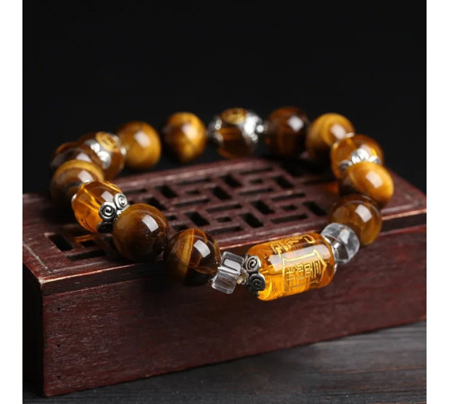 Тибетський Браслет із намистиною Дзі Бог Багатства на тигру з Тигрового очей, Цитрина та Раухтопаз для Багатства