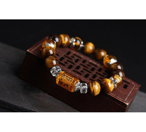 Тибетський Браслет із намистиною Дзі Бог Багатства на тигру з Тигрового очей, Цитрина та Раухтопаз для Багатства