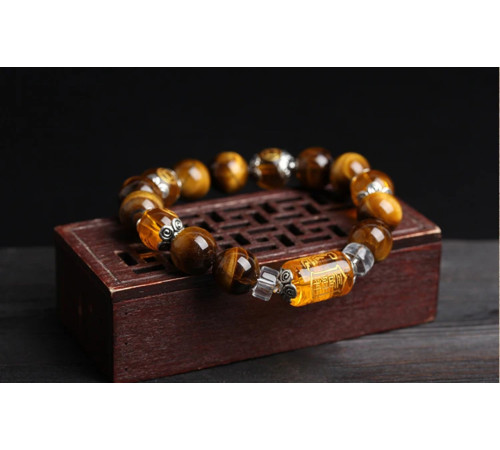 Тибетський Браслет із намистиною Дзі Бог Багатства на тигру з Тигрового очей, Цитрина та Раухтопаз для Багатства