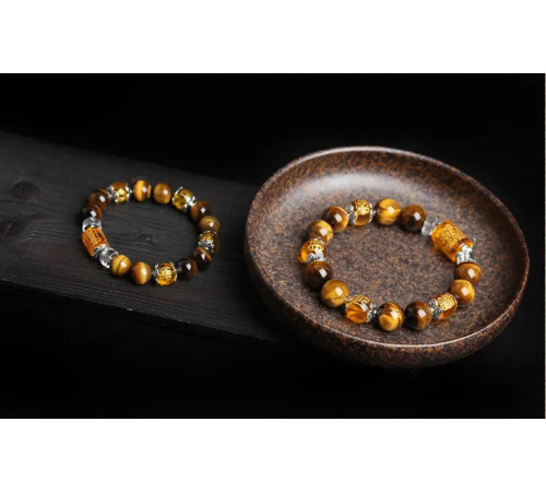 Тибетський Браслет із намистиною Дзі Бог Багатства на тигру з Тигрового очей, Цитрина та Раухтопаз для Багатства