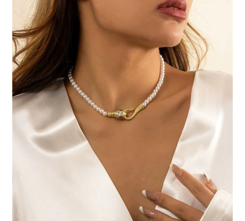 Підвіска Чокер золота Змія перлове намисто з фіанітами для Багатства, удачі та процвітання