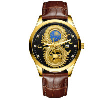 Годинник із Драконом зі світними стрілками та фіанітами з чорним циферблатом для удачі, Здоров'я на ремінці