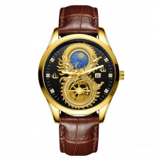 Годинник із Драконом зі світними стрілками та фіанітами з чорним циферблатом для удачі, Здоров'я на ремінці