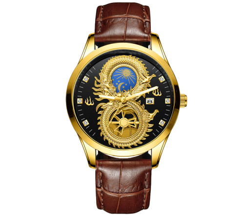 Годинник із Драконом зі світними стрілками та фіанітами з чорним циферблатом для удачі, Здоров'я на ремінці