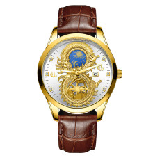 Золотий годинник із Драконом зі світними стрілками та фіанітами з білим циферблатом для удачі, Здоров'я на ремінцях